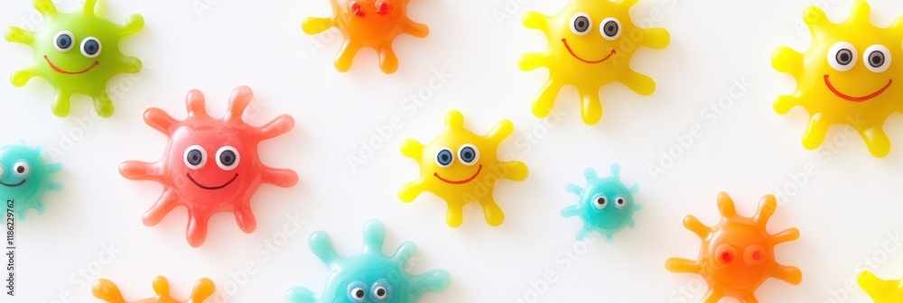 Poster Bright and cheerful smiling microbes with eyes displaying joy and playfulness in a colorful arrangement. Generative AI
