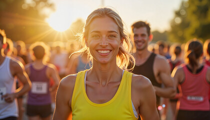 Joyful volunteer supporting charity marathon at sunrise, community spirit