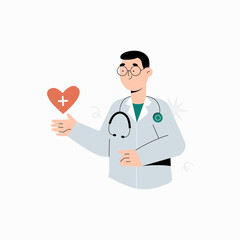 Male doctor holding a heart symbol in flat vector illustration symbolizing healthcare, medical profession, and wellness, isolated on white background