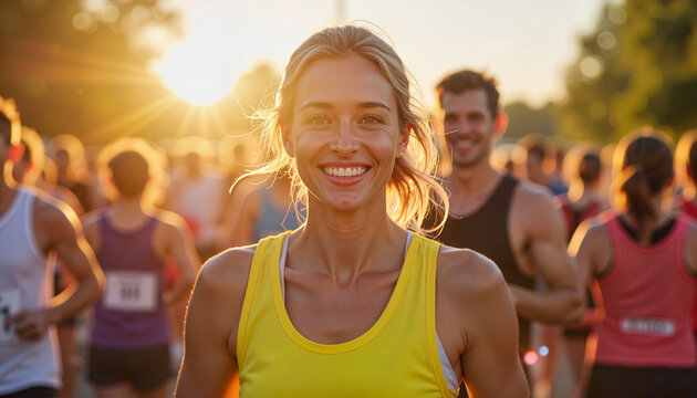 Joyful volunteer supporting charity marathon at sunrise, community spirit