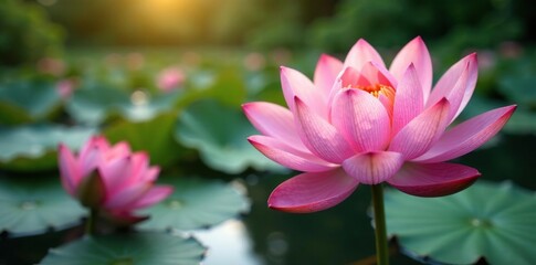 Fototapeta premium Delicate petals unfolding in soft pink hues amidst water lily blooms, flowers, garden