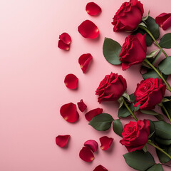 Romantic Red Roses and Petals Flat Lay