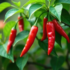 Red hot chili peppers growing on a tree in the garden, plant, leaves