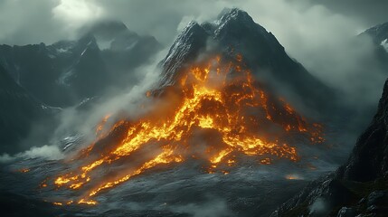 Fiery Eruption On A Misty Mountain Peak
