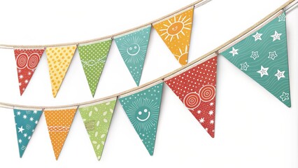 Colorful Triangular Bunting Banner Hand-drawn Sun, Stars and Patterns, Party Decoration, White Background, Vector Illustration, Party Decor Bunting, Party Flags