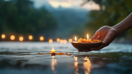 Hindu devotional ritual with floating diya and flower petals on river during prayer