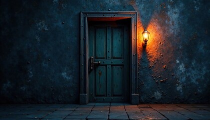 Dark and ominous metal door with a single torch light, , mysterious door, torch