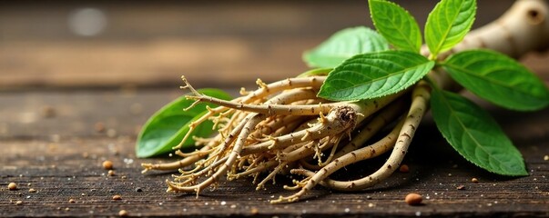 Ashwagandha roots and leaves entwined on a wooden background, nature, earthy