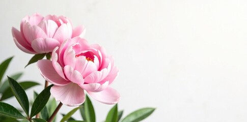 Naklejka premium Pastel pink peonies against a soft white background, garden, flowers