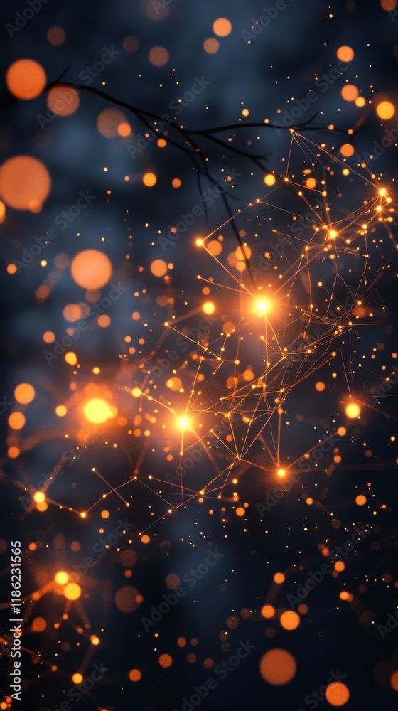 Wall mural bright glowing particles and connections create a cosmic web in a dark space background