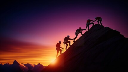 Fototapeta premium Inspirational scene of climbers assisting each other during a mountain ascent
