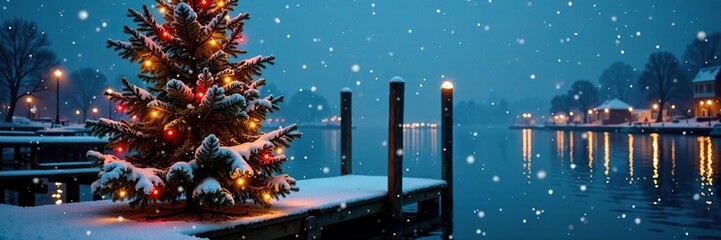 Snowy evergreen tree on boat dock with twinkling lights, night, harbor, wooden dock