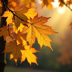 Fototapeta premium tree branch with yellow and brown leaves against a warm golden light, fall, brown, branches