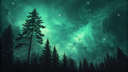 Naklejka premium Emerald Night Forest Silhouetted Trees Against a Starry Nebula, Digital Painting, Nature Scenery Forest, Nebula