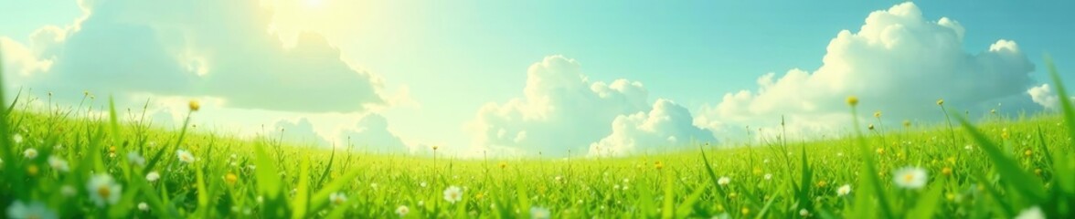 Gentle breeze rustles through wispy clouds in a misty meadow, green, breezy