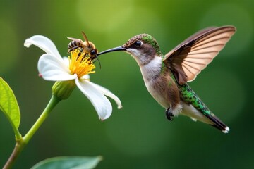 Fototapeta premium Hummingbird feeding on sweet liquid from white flower, wildlife, bees, floral photography