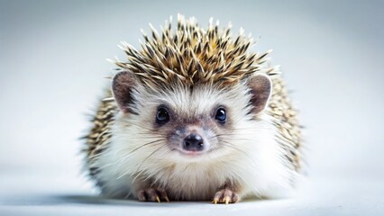 Close-up of an adorable crowned hedgehog, minimalist white background.