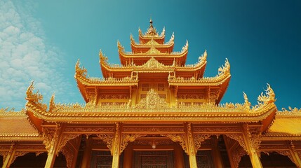 Fototapeta premium Majestic golden temple showcasing intricate architectural details against a clear blue sky