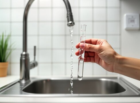 Person holds test tube filled with water from faucet. Water quality analysis. Modern kitchen setting. Laboratory testing of drinking water. Science concept. Safety check for beverage.