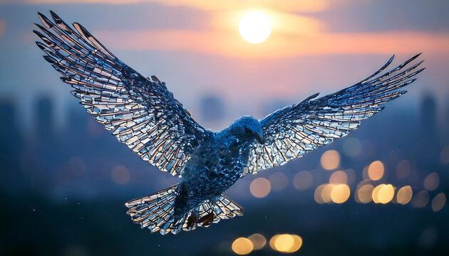Stunning image of a mosaic bird in flight against a vibrant sunset backdrop.  The fragmented design adds a unique artistic flair, perfect for concepts of freedom, resilience, or innovation.