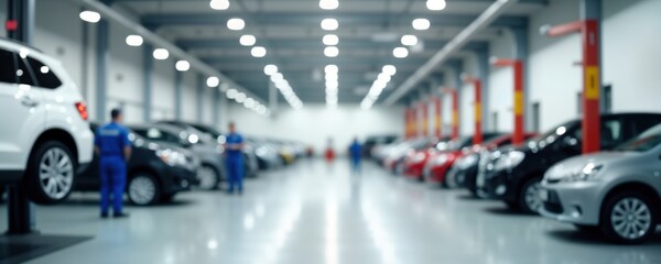 Fototapeta premium Auto repair workshop interior. Blurred view of cars, technicians. Indoor garage setting. Many vehicles parked. Technicians work on cars. Modern automotive industry. Professional auto service station.
