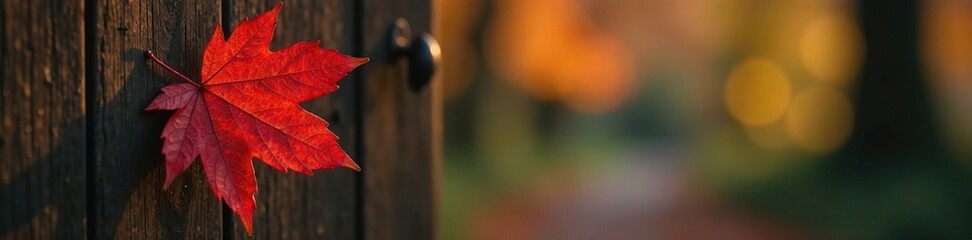 Obraz premium A red leaf nestled in the curve of a wooden gate, leaf drop, fall decor