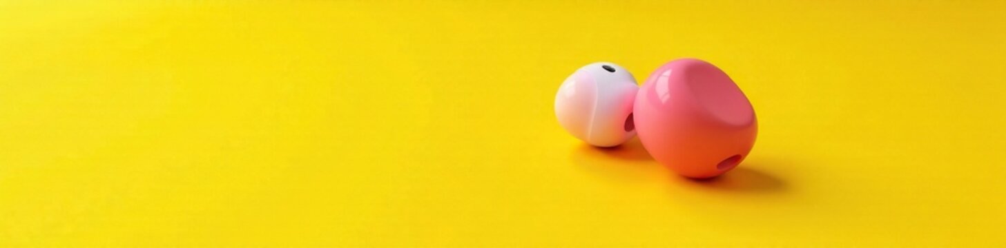 Colorful earbuds in rose hue on yellow background with space for attachment, , colorido, accesorios electr?nicos