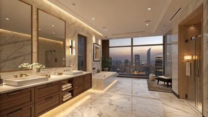 Luxury Penthouse Bathroom Design Marble, City View, Modern Composition, Bathroom Interior Design Luxury Bathroom, Penthouse Design