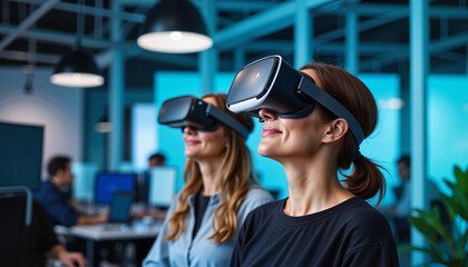 Coworkers exploring virtual reality in tech room, creative teamwork