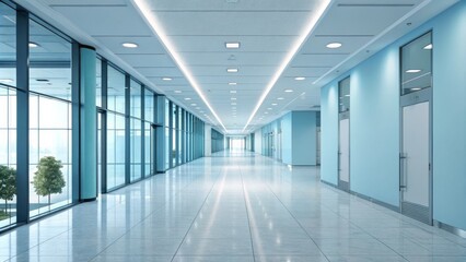 Fototapeta premium Modern Office Corridor Glass Walls, Recessed Lighting, Clean Design, Perspective, Architecture, Interior Design. Office, Architecture
