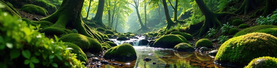 Fototapeta premium Tranquil Forest Stream With Ancient Stone Formations And Moss, SILENCE, NATURE