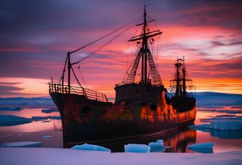 Fototapeta premium Abandoned Whaling Ship Amid Arctic Sunset and Oil-Leaked Waters