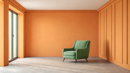 Fototapeta premium Orange Room with Green Armchair Interior Design Visualization, 3D Render, Minimalist Concept Interior Design, 3D Rendering