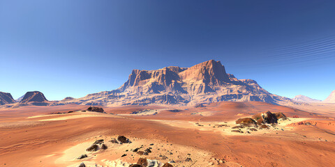 Fototapeta premium red desert mountains of Mars, with a clear blue sky in the background, emphasizes the grandeur of scale and the stark beauty of the alien landscape.