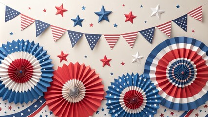 Fototapeta premium Patriotic Paper Fans and Bunting 4th of July Decor, Stars and Stripes, Festive Background, Paper Craft Patriotic, Fourth of July