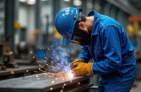 Young man in blue overalls, welding mask welds metal product in workshop. Sparks fly. Industrial worker uses welding machine in factory. Focus on safety gear, metalwork. Industrial scene. Man focuses - Powered by Adobe