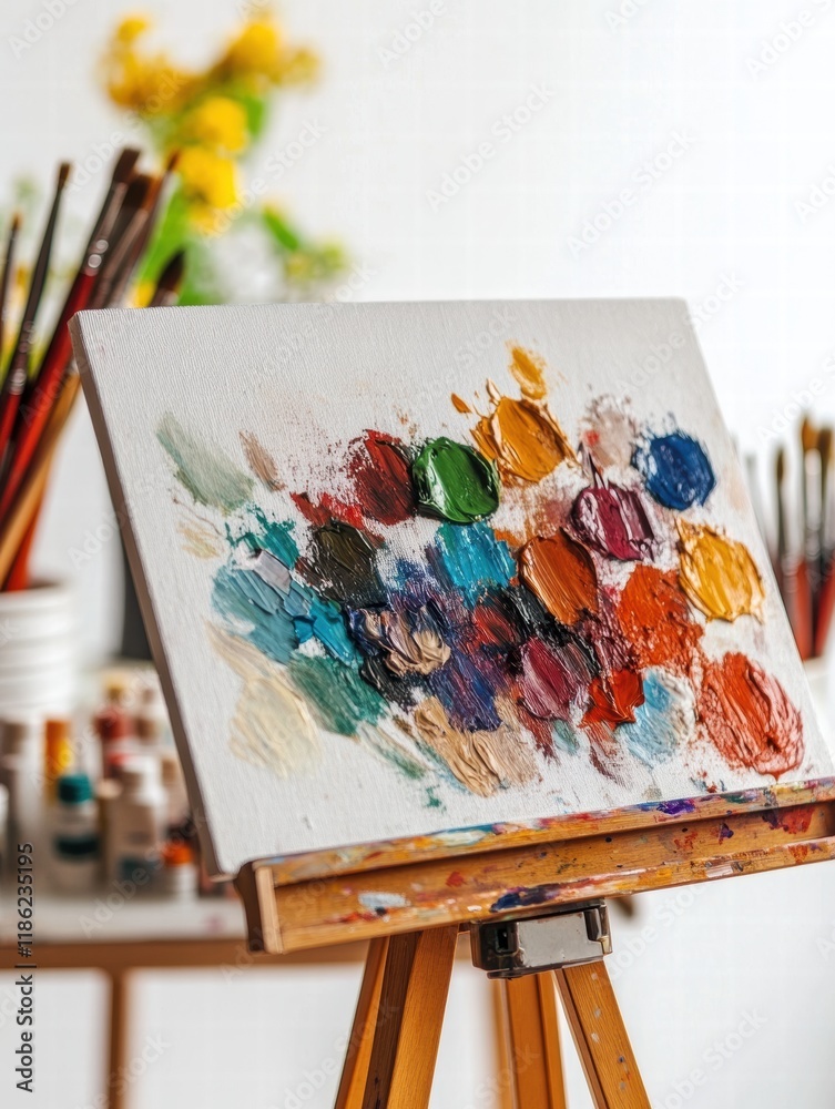 Poster creative workspace featuring colorful paint palette and brushes on easel in bright artistic environm