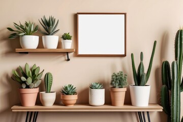 Fototapeta premium living room with vintage retro shelf, a lot of house plants