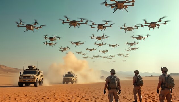 Military soldiers in desert landscape. Futuristic drones in swarm formation fly above. Soldiers coordinate attack. Desert warfare. Modern tech military. Drones in action. Precision strike. Unmanned