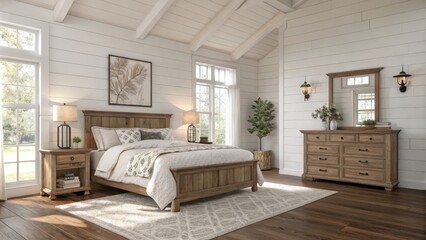 Rustic Farmhouse Bedroom Wooden Bed, Dresser, and Wall Decor, Farmhouse Bedroom Decor, Bedroom Design Farmhouse, Bedroom