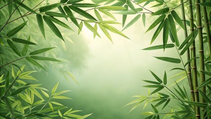 Obraz premium Serene Bamboo Frame Lush Green Leaves and Misty Background, Nature Photography, Zen, Bamboo Forest Bamboo, Zen Garden