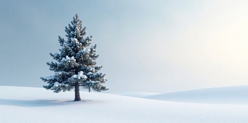 A single pine tree in the midst of a vast white snowy expanse, frozen, landscape