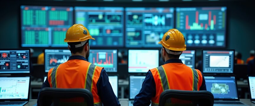 Engineers in oil refinery control room monitor operations. Wear safety vests, hard hats. Multiple computer screens display data, graphs. Work environment focused, professional. Teamwork, safety key