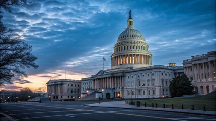 Fototapeta premium US Capitol Building at Sunrise Wide Angle Composition, Dramatic Cloudscape, Architectural Landmark, Washington DC. Capitol Building, Washington DC, Architecture