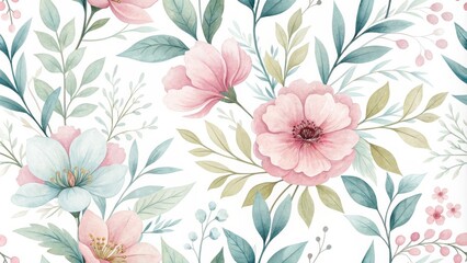 Watercolor Floral Seamless Pattern Pink and Teal Blooms, Botanical Illustration, Nature Concept Floral Pattern, Watercolor Painting