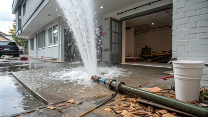 Water Pipe Burst High-Angle View of Leaking Pipe, Flooding, and Debris, Water Damage Repair, plumbing leak Water damage, burst pipe