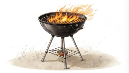 Watercolor Kettle Grill Illustration Flaming Charcoal, Outdoor Cooking Concept, BBQ, Summer, Grill BBQ, Summertime