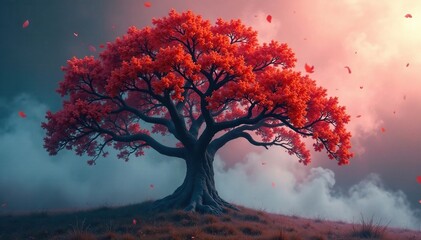 Smoke swirls around the branches of a majestic tree, tree, deciduous, smoke