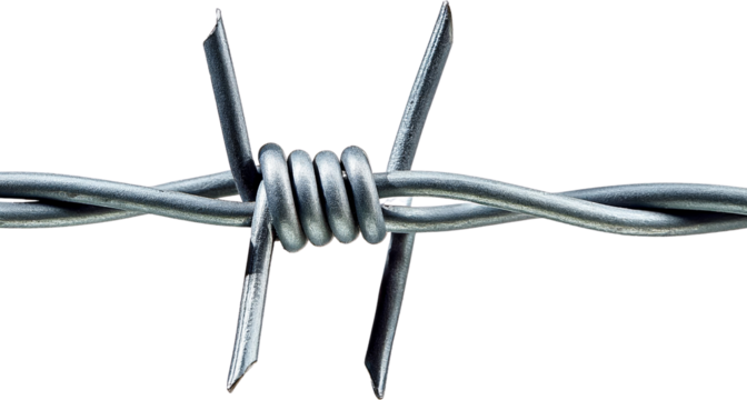 Close up of Barbed Wire Galvanized Steel Sharp Spikes Security Fence Metal Texture Detailed Macro