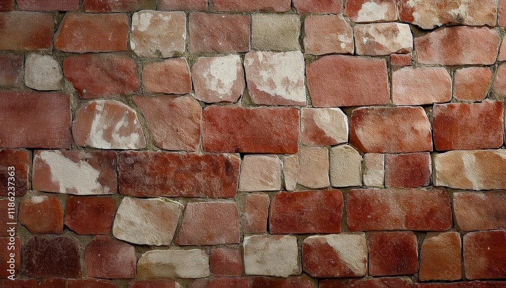 Poster close-up of irregular red sandstone wall with unevenly shaped blocks and rough texture, ideal for architectural background and rustic designs


